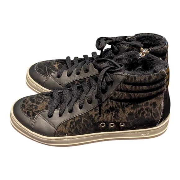 P448 Skate Boster Black Leopard Print Suede FurLined High Top Sneakers 36 - Picture 1 of 13